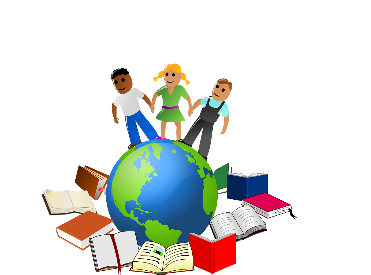 A picture that three students holding hands with books around the them and the world implies that people are learning globally with no barriers. 